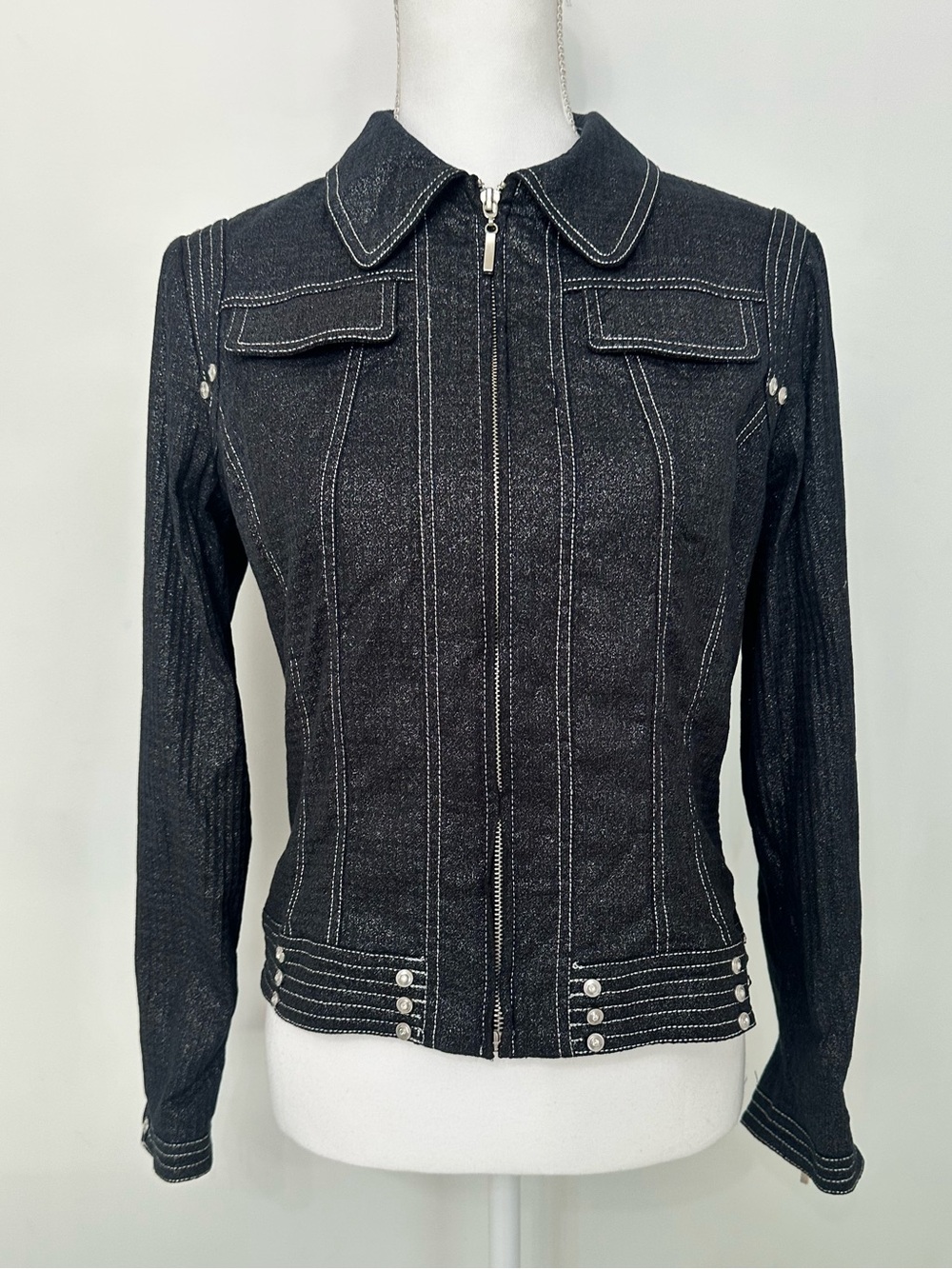 Reba Black Zip-Front Jean Jacket with Contrast Stitching
